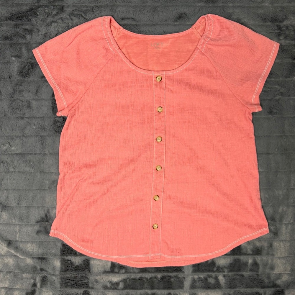 Loft Outlet Womens Medium Coral Textured Button Front Short Sleeve Top Blouse